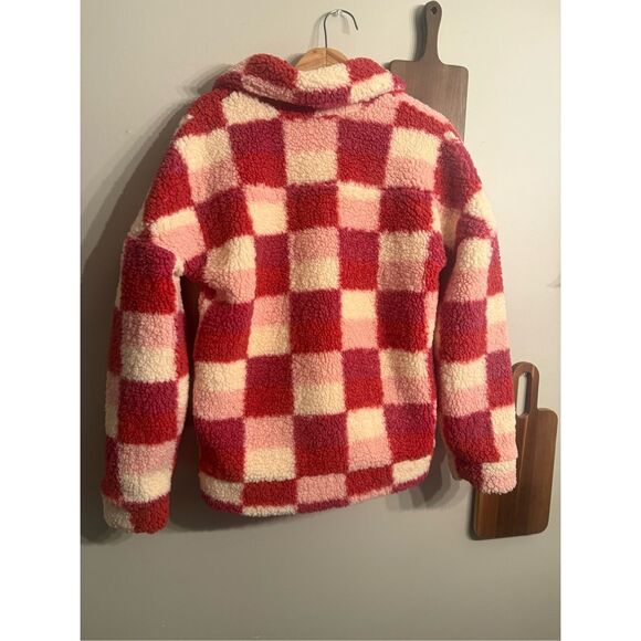Beach Riot Red Pink Checkered Teddy Faux Sherpa Laurie Coat Jacket Size Medium - Picture 2 of 6